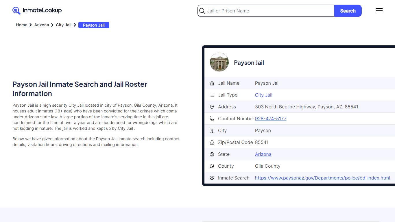 Payson Jail Inmate Search and Jail Roster Information